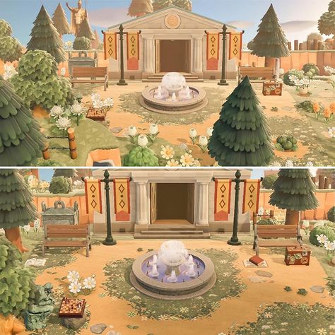 Acnh Island Museum Designs, Acnh Small Museum Design Ideas, Animal Crossing Farmcore Museum, Acnh Museum Layout Ideas, Acnh Museum Dimensions, Acnh Museum Garden, Acnh Museum Ideas Cottagecore, Animal Crossing Island Museum, Museum Animal Crossing Cottagecore