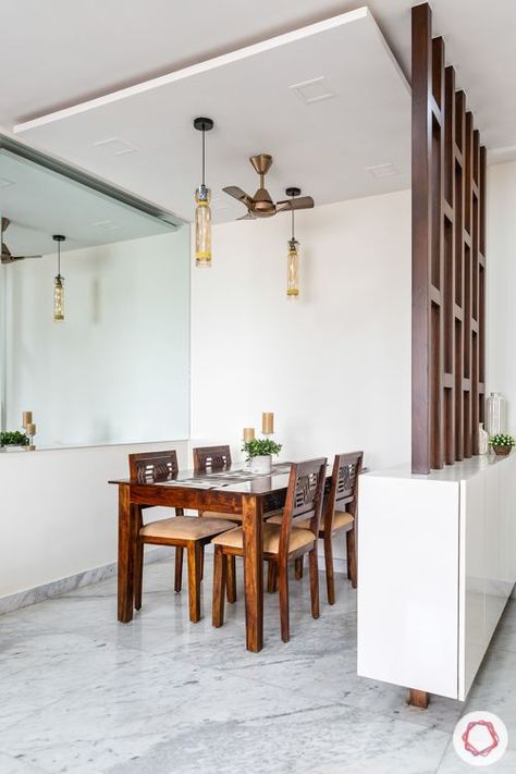 lodha luxuria priva-living room partition designs-wooden dining table Modern Partition Walls, Room Partition Wall, Wall Partition Design, Dining Room Paint Colors, Interior Dapur, Living Room Divider, Dining Room Wallpaper, Dining Room Paint, Living Room Partition