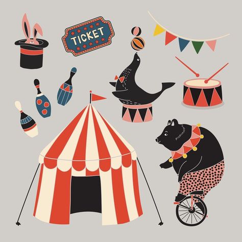 Circus Cute Illustration, Circus Elephant Illustration, Cute Circus Illustration, Circus Graphic Design, Circus Art Illustration, Circus Tent Illustration, Fair Illustration, Carnival Animals, Circus Drawing