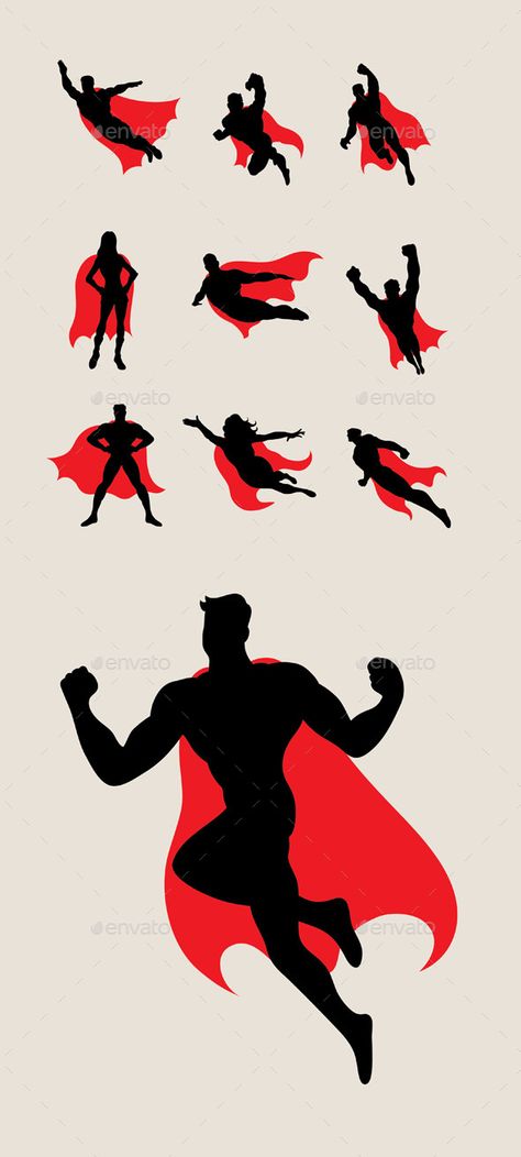 Superhero Silhouettes Super Hero Graphic Design, Superhero Logo Design, Superhero Graphic Design, Superhero Poses Reference, Super Hero Illustration, Superman Silhouette, Superhero Flying, Hero Poses, Superhero Illustration