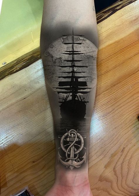 Nautical Drawings, Nautical Sleeve, Pirate Ship Tattoos, Nautical Tattoo Sleeve, Boat Tattoo, Graffiti Tattoo, Map Tattoos, Nautical Tattoo, Shark Tattoos