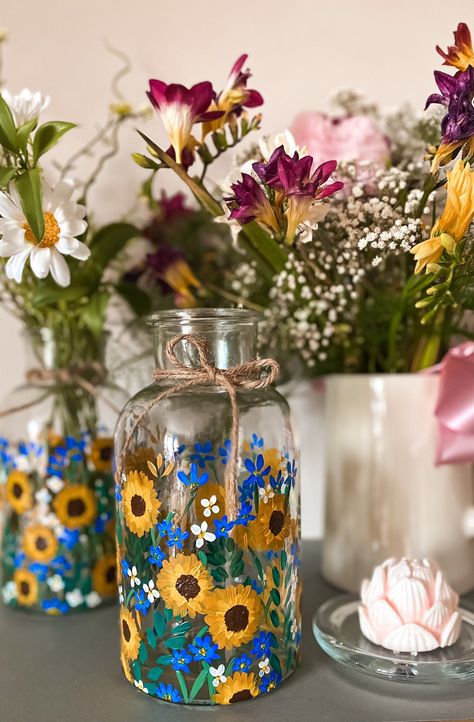 Glassware Painting, Sunflower Stuff, Lantern Vase, Cylinder Candle Holders, Jar Decoration, Sunshine Card, Cylinder Candle, Craft Therapy, Wildflower Birthday