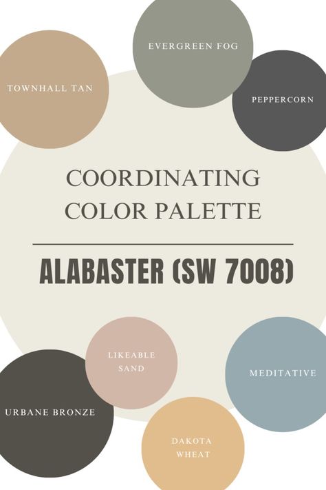 Sherwin Williams Alabaster Color Review - Building Bluebird Alabaster Color Strip, Colors For Living Room Walls 2024, Colors That Go With Alabaster, Alabaster White Color Palette, Cozy Whole House Color Scheme, What Colors Go With Alabaster, Cohesive Paint Colors Home, Sherwin Williams Paint Color Schemes, Snowbound Sherwin Williams Color Palette