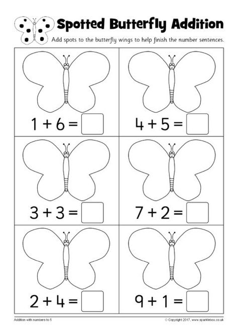 Butterfly Addition Worksheets (SB12245) - SparkleBox Butterfly Worksheets Kindergarten, Butterfly Math Kindergarten, Butterfly Math Preschool, Butterfly Math Activities Preschool, Butterfly Worksheets Preschool, Butterfly Kindergarten, Preschool Addition Worksheets, Caterpillar Math, Butterfly Math Activities