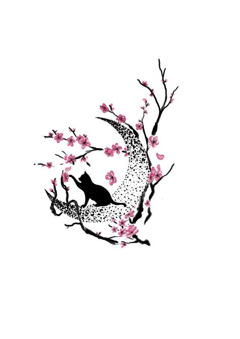 Cat And Cherry Blossom Tattoo, Cherry Blossom Cat Tattoo, Small Bff Tattoos, Tattoos For Women Cat, Tattoo Gato, Pet Memorial Tattoo, Arm Tattoos Drawing, Sakura Tattoo, Cute Cat Tattoo