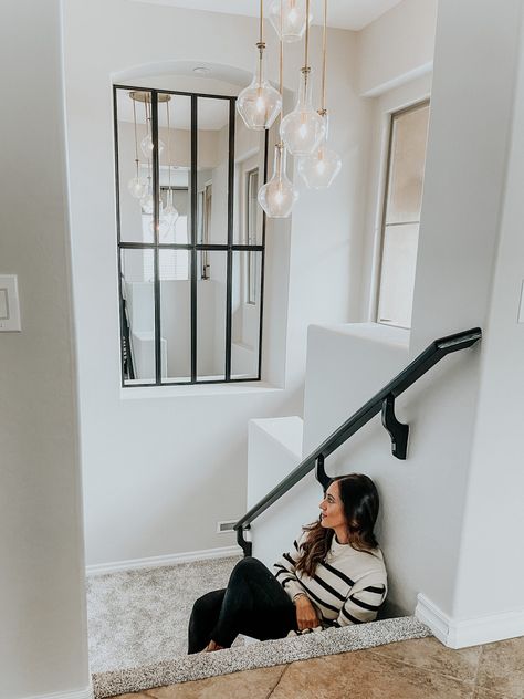 Staircase Light Fixture Ideas, Small Staircase Chandelier, Bottom Of Stairs Light Fixture, Farmhouse Stairway Lighting, Stair Case Chandelier Stairways, Stair Landing Chandelier, Light Fixture Over Stairs, Stairs Ceiling Light, Stair Landing Light Fixture