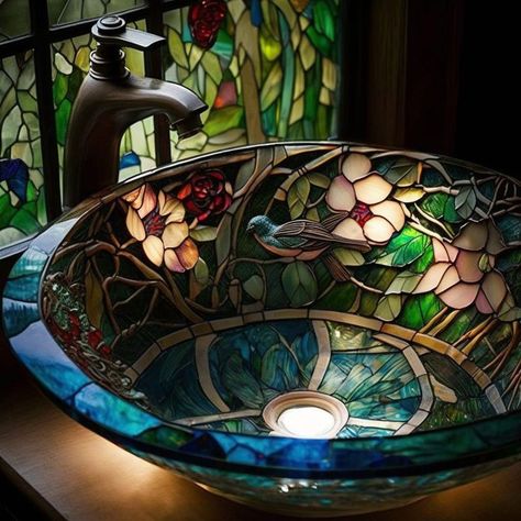 Stain Glass Sink, Stained Glass Kitchen Sink, Stained Glass Bathtub, Stained Glass Windows In Homes, Tiffany Stained Glass Windows, Glass Bathtub, Glass Bathroom Sink, Stain Glass Window Art, Fantasy Furniture