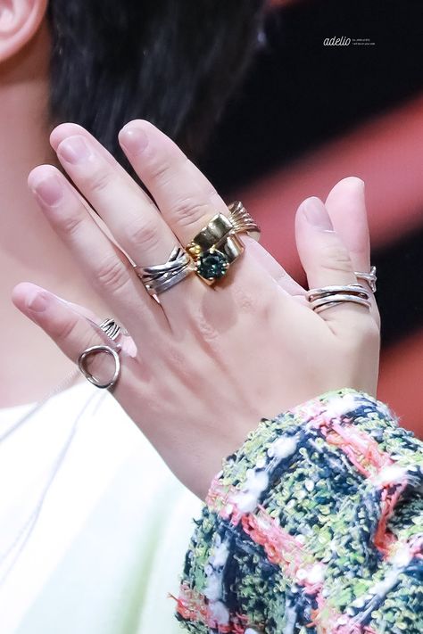 #JIMIN Jimin Hands, Jimin's Hands, Bts Earrings, Hand Jewelry Rings, How To Wear Rings, Pretty Ring, Korean Jewelry, Ring Collection, Bts Jimin Funny