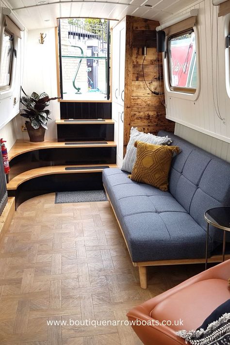 Boutique Narrowboat Marbled White interior Barge Interior, Canal Boat Interior, Barge Boat, Narrowboat Interiors, Boat Bed, Boat Interior Design, King Sized Bed, Boat House Interior, White Boutique