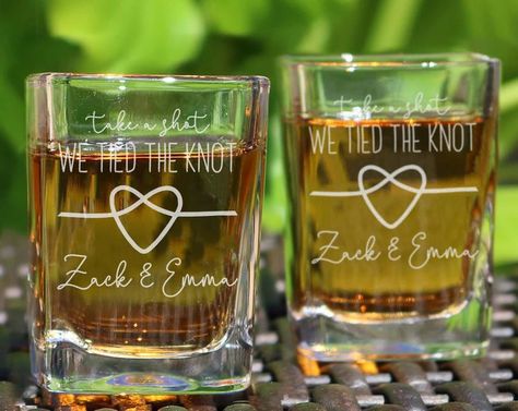 The 20 Summer Wedding Favors of 2023 Glasses Wedding Favors, Wedding Favours Bottles, We Tied The Knot, Shot Glasses Wedding Favors, Party Favor Wedding, Summer Wedding Favors, Wedding Shot Glasses, Custom Shot Glasses, Glasses Wedding