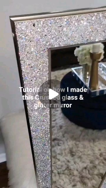 KaTrina Gorham on Instagram Bedazzled Mirror Diy, Diy Crushed Glass Mirror, Rhinestone Mirror Diy, Crushed Mirror Art, Glitter Mirror Frame Diy, Glitter Furniture Diy, How To Decorate Mirrors Diy Ideas, Glam Bathroom Mirror, Diy Bling Mirror