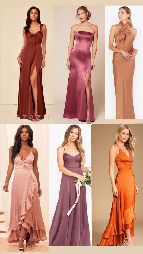 Satin Silk Dress, Mismatched Bridesmaid Dresses, Colour Theme, Prom Dresses With Sleeves, Fall Ideas, Couture Gowns, Satin Silk, Civil Engineering, Wedding Looks