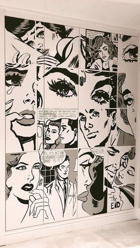 Comic Book Wall Art, Movie Murals Wall Art, Comic Strip Art Aesthetic, Pop Art Comic Black And White, Pop Art Mural, Black And White Pop Art, Pop Art Comic Girl, Art Deco Design Graphics, Comic Painting