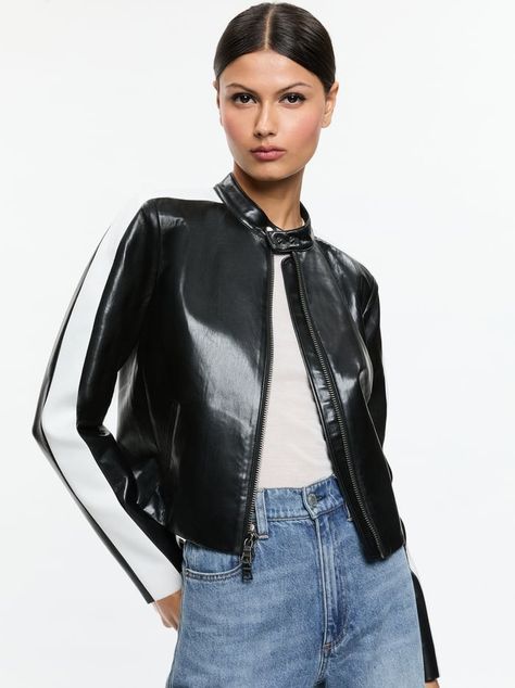 Upgrade your outerwear with the Rickie Vegan Leather Racer Jacket in Black. This sleek, cruelty-free jacket combines edgy style with a tailored fit, perfect for casual and night-out looks. Made from premium vegan leather, it’s a versatile and sustainable wardrobe essential. Shop now to add a bold statement piece to your collection! Black leather jacket. Black motorcycle jacket. Leather Racer Jacket, Black Motorcycle Jacket, Fall Wardrobe Staples, Racer Jacket, Black Leather Jacket, Side Stripe, Fall Wardrobe, Moto Jacket, Edgy Fashion