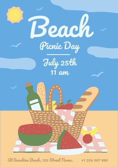 Colorful Hand-drawn Beach Picnic Invitation Beach Picnic Party, Picnic Invitations, Picnic Birthday Party, Beach Birthday Party, Picnic Birthday, Beach Birthday, Picnic Party, Beach Theme, Beach Picnic