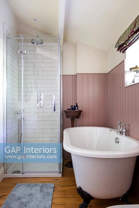 Pink panelled modern country bathroom Fully Panelled Bathroom, Pink Panel Bathroom, Pink Country Bathroom, Pink Panelling Bathroom, Modern Country Bathrooms, Panelled Bathroom, Bathroom Panelling, Wood Panel Bathroom, Modern Country Bathroom