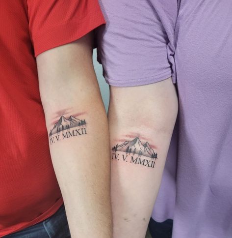 Couple Outdoor Tattoos, Mountain Tattoo Couple, Outdoorsy Couple Tattoos, Mountain Tattoo For Couples, Couples Tattoos Mountains, Matching Mountain Tattoos Couples, Couple Mountain Tattoos, Couple Tattoos Pinky Promise, Mountain Couple Tattoo