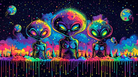 👽 Calling all earthlings to join our neon rave brigade! Who's ready to dance the night away with us? #AIArt #midjourney  #AIArt #art #digitalart #NyxAIStudio Macbook Wallpaper Trippy, Ps4 Background, Alien Wallpaper, Collage Idea, Neon Rave, Alien Patterns, Alien Artwork, Laptop Wallpapers, Hippie Wallpaper