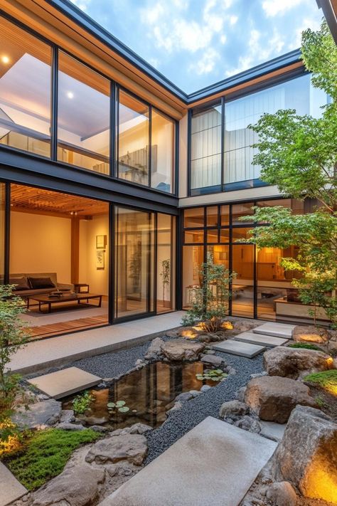 Zen Modern House, Japanese House Modern, Japanese Courtyard House, Shoji Screen Doors, Shoji Sliding Doors, Large Glass Windows, Japanese Courtyard, Modern Japanese Homes, Courtyard Houses