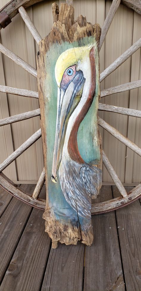 Coastal Painting Ideas, Pelican Painting, Barn Wood Art, Pelican Art, Bird Painting Acrylic, Palm Frond Art, Heron Art, Painted Driftwood, Driftwood Art Diy