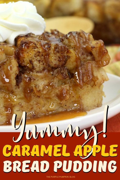 A twist on a classic dessert, this Caramel Apple Bread Pudding makes use of day-old fresh bread as well as seasonal apples that are caramelized with sugar and spices. Serve the bread pudding with a dollop of whipped cream for a delicious and comforting fall treat. #CaramelAppleBreadPudding #BreadPudding #Desserts #DessertRecipes #Recipes #ThePurplePumpkinBlog #FallDesserts #AppleDesserts #AutumnDesserts Caramel Apple Bread Pudding, Caramel Apple Bread, Apple Bread Pudding Recipe, Apple Bread Pudding, Best Bread Pudding Recipe, Fall Crockpot Recipes, Bread Pudding With Apples, Texas Food, Bread And Butter Pudding