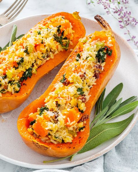 Butternut Squash Rice, Stuffed Butternut Squash, Stuffed Butternut, Vegan Turkey, Butternut Recipes, Butternut Squash Recipe, Rice Stuffing, Vegan Mashed Potatoes, Fall Meal