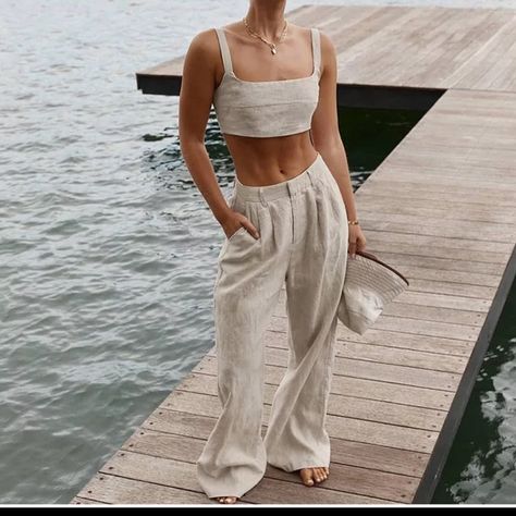 May Runs Smaller. New Conditions. Adjustable Straps Expandable Top Summer Tracksuit, Linen Two Piece Set, Linen Crop Top, Suspenders For Women, Sleeveless Suit, Yoga Outfit, White Linen Pants, Lounge Outfit, High Waist Wide Leg Pants