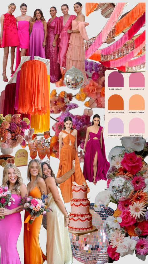 #miprimershuffle #myfirstshuffle #weding #boda #damas #pinkasthetic #orangeaesthetic Different Colour Bridesmaids, Pink And Orange Bridesmaids, Bright Jewel Tone Color Palette, Sunset Bridesmaids, Pink And Orange Bridesmaid Dresses, Different Color Bridesmaid Dresses, Reception Aesthetic, Bridesmaid Palette, Sunset Wedding Colors