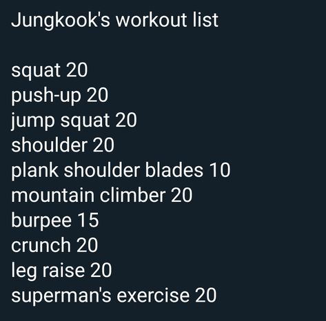 Workout Kpop, Superman Workout, Workout List, Mountain Climbers, Jump Squats, Leg Raises, Burpees, Push Up