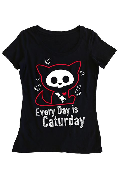 Everyday is Caturday! Skelanimals merch available at Skelanimals.com & Hot Topic. Graphic Design Tees, Scene Clothes, Outfit Ideas For School, Black Graphic Tee, Scene Outfits, The Day Of The Dead, Cat Graphic Tee, Andy Biersack, Black Graphic Tees