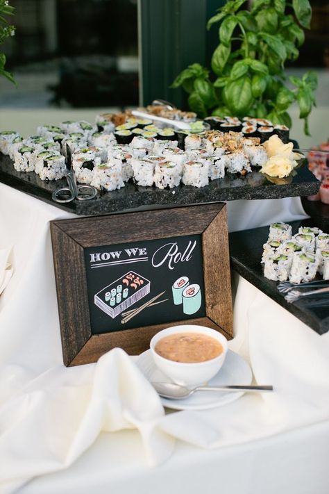 Wedding Food Table, Wedding Food Stations, Sushi Party, Reception Food, Japanese Wedding, Food Stations, Grazing Tables, Food Table, Sushi Bar