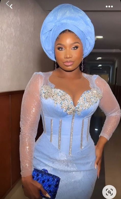 Straight Lace Gown Styles Aso Ebi, Light Blue Lace Asoebi Styles, Beautiful Asoebi Lace Gown Styles, Blue Nigerian Lace Dress, Lace Native Styles For Ladies, Style For Lace Asoebi, Owanbe Styles For Lace Corset, Corset Asoebi Styles Lace, Wedding Asoebi Lace Styles