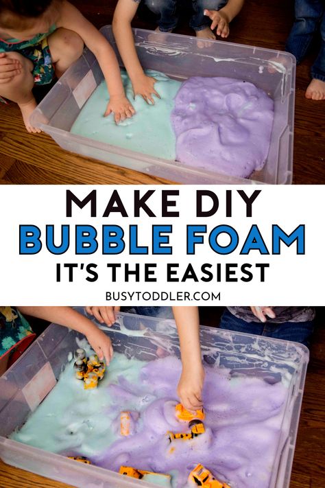 Click for the directions to the easiest bubble foam recipe. Create this soap-based sensory activity from Busy Toddler. Using only 3 ingredients (that you most likely have at home), this easy kids activity is perfect for toddlers, preschoolers, and big kids. Soap Foam, Bubble Foam, Easy Toddler Activities, Sensory Activities Toddlers, Sensory Activity, Toddler Sensory, Parenting Classes, Daycare Activities, Easy Toddler