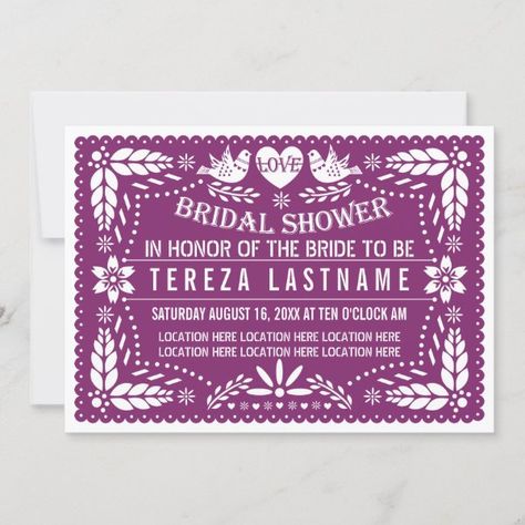 Papel picado modern purple wedding bridal shower invitation Invite Template Design, Hot Pink Wedding Invitations, Fiesta Wedding Invitations, Papel Picado Wedding, Mexican Wedding Invitations, Wedding Fiesta, Dark Blue Wedding, Pretty Wedding Invitations, Couples Shower Invitation