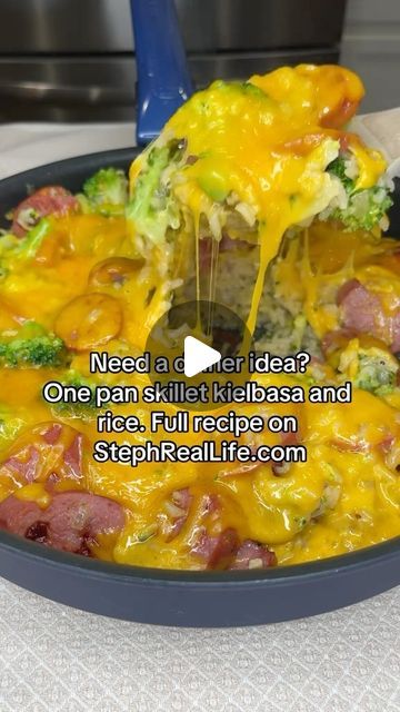 Stephanie Gigliotti on Instagram: "The easiest, yummiest, family friendly dinner made with kielbasa, broccoli, rice, and cheddar cheese in one skillet!! The perfect weeknight dinner for busy families with minimal clean up 🙌 Comment RECIPE and I’ll send it right to your DM!
Or grab the recipe here 👉 https://www.stephreallife.com/skillet-kielbasa-with-rice/

* if you don’t see the link in your DM’s make sure to check your “requests” folder!

#onedishmeal #skilletmeals #weeknightdinnerideas" Family Friendly Dinners, Kielbasa, Skillet Meals, Weeknight Dinner, One Pot Meals, Cheddar Cheese, Cheddar, Broccoli, Keto Recipes