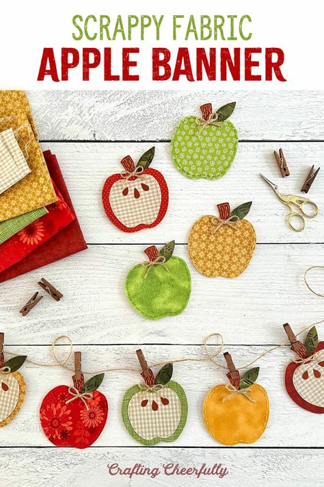 Create a sweet fabric apple banner using fabric scraps and felt! The perfect fall decoration and a simple DIY craft project for Autumn. Diy Fabric Banner, Apple Crafts, Diy Embroidery Projects, Fall Sewing Projects, Apple Craft, Fall Sewing, Diy Banner, Fall Crafts Diy, Autumn Crafts