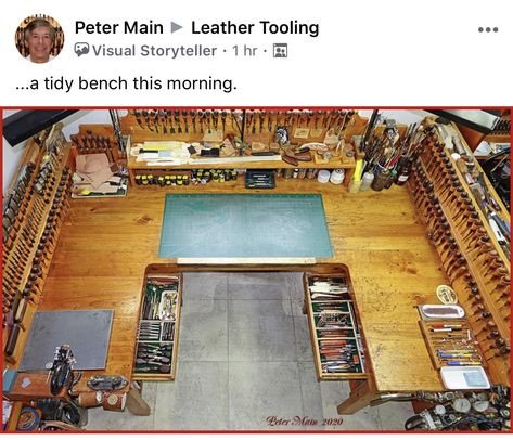 Leather Workbench Ideas, Leather Craft Work Table, Leather Work Bench, Leather Working Station, Leather Workbench, Leather Workshop Ideas, Hobby Shop Ideas, Laser Studio, Basement Workshop