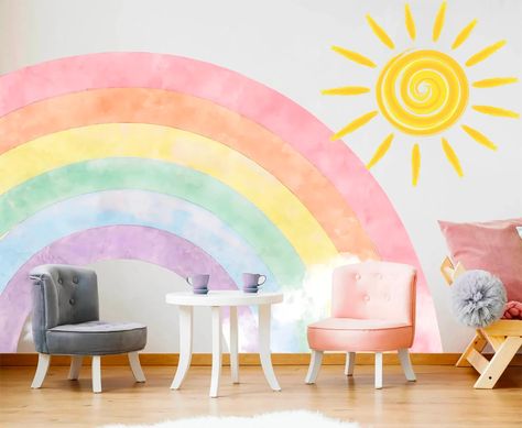 Radiant Rainbow Sun Wall Decal Watercolor Style Girls' Room Decor BR192 - Etsy Rainbow Wall Mural, Rainbow Wall Decal, Painted Rainbow, Fabric Wall Decals, Shared Room, Before After Photo, Sticker Mural, Rainbow Wall, Removable Wall