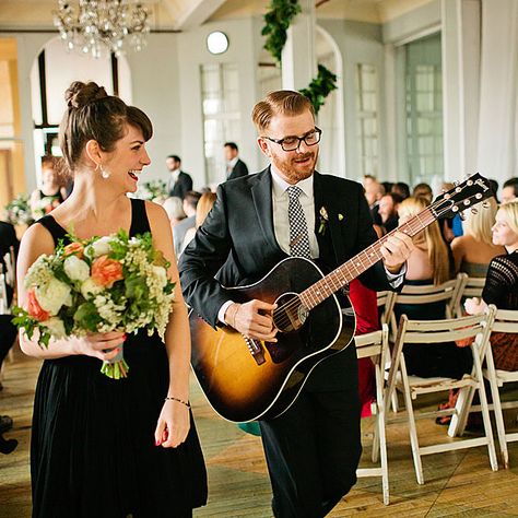 Brides.com: . Lead the Way to the Reception. If you're within walking distance, invite guests—and a rollicking band—to accompany you, parade style, from the ceremony to the reception.  Browse more real wedding ideas. Acoustic Guitar Playing, Wedding Ceremony Music, Stunning Wedding Venues, Guitar Playing, Long Island Wedding, Sand Ceremony, Beach Wedding Inspiration, Marriage Certificate, Ceremony Music