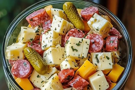 Quick & delicious! Learn how to make this marinated cheese appetizer with salami & pickles. A crowd-pleaser for any party or gathering. Marinated Cheese With Salami And Pickles, Marinated Cheese Salami Pickles, Marinated Cheese Appetizer, Making Vinegar, Salami Appetizer, Pickled Sausage, Pickle Appetizers, Marinated Cheese, Cheese Appetizer