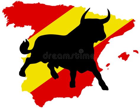 Black bull on the spanish map stock illustration Spanish Bull Tattoo, Spanish Bull, Mexican Tattoo, Colors Illustration, Spanish Colors, Bull Tattoos, Spain Spanish, Black Bull, The Bull