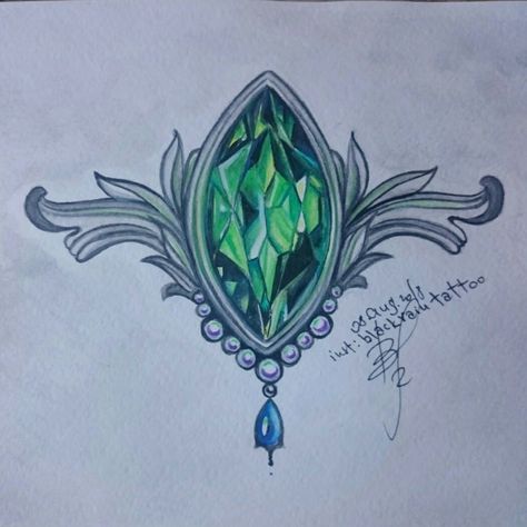 Emerald Tattoo, Mandala Sternum Tattoo, Ornate Tattoo, Sternum Tattoos, Stone Tattoo, Gem Drawing, Gem Tattoo, Pumpkin Tattoo, Hip Thigh Tattoos