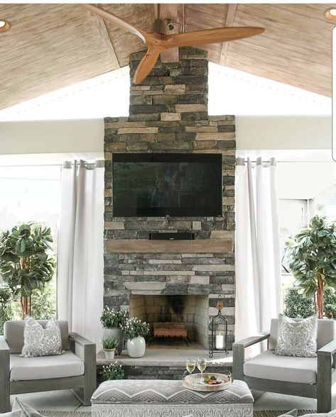 Grace R on Instagram: “Remember when I was in the process of building the covered patio? Most of you voted for a stone fireplace vs brick. I couldn't agree more…” Stone Fireplace, Covered Patio, Fireplace, Patio, Building, Home Decor