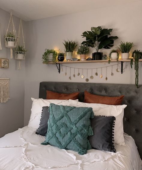 Boho Bedroom Shelf Above Bed, Bedroom Plant Shelf Above Bed, Plant Shelf Headboard, Greenery Behind Bed, Above Tv Boho Decor, Floating Shelf With Plants Above Bed, Bedroom Above Headboard Decor, Plant Wall Above Bed, Shelf Decorations Bedroom