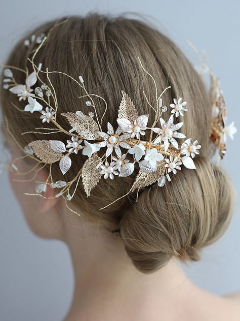 Gold Bridal Hair Accessories, Gorgeous Wedding Dress Princesses, Bridal Headwear, Most Beautiful Wedding Dresses, Bridal Hair Clip, Leaf Flower, Flower Headpiece, Flower Hair Accessories, Headpiece Wedding