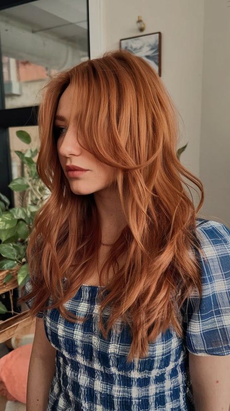 This image highlights striking copper red hair styled into loose, flowing waves. The warm tones and full volume give a vibrant, bold appearance, while the soft texture adds an elegant touch. The combination of color and texture creates a dynamic hairstyle that complements the wearer’s porcelain skin, making it ideal for those seeking a fresh, daring style. Toned Red Hair, Red Waves, Copper Red Hair, Porcelain Skin, Cool Skin Tone, Red Wave, Full Volume, Winter Hair Color, Copper Red