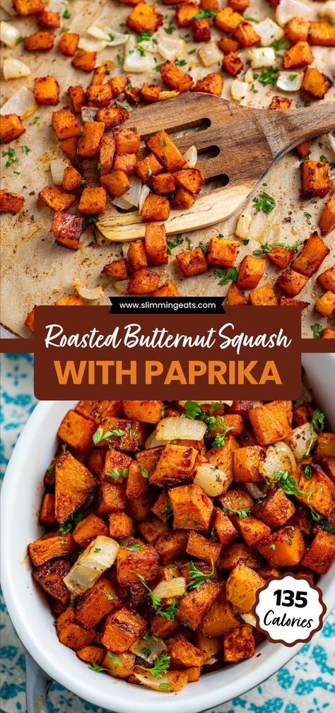 Roasted Butternut Squash with Paprika – savoury cubes of butternut squash and onion, delicately caramelized to perfection, making it the ideal side dish for breakfast, lunch, or dinner. Roasted Butternut Squash Breakfast, Roasted Butternut Squash Side Dish, Roasted Carrots And Squash, Thanksgiving Side Dishes Butternut Squash, Roasted Butternut Squash And Carrots, Savory Roasted Butternut Squash, Easy Roasted Butternut Squash, Roasted Cubed Butternut Squash, Roasting Butternut Squash Cubes