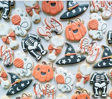 Tom & Karys Clancy on Instagram: “Adorable Halloween baby cookies by Ashley @sweetnelsons . She used our baby rattle cutter.” Halloween Gender Reveal Cookies, Spooky One Cookies, A Boo Is Due Cookies, Halloween Baby Shower Cookies, Halloween Baby Shower Cookies Girl, Spooky One Cookies Decorated, Boo-y Or Ghoul Gender Reveal Cookies, Cutout Cookie, Half Birthday Party