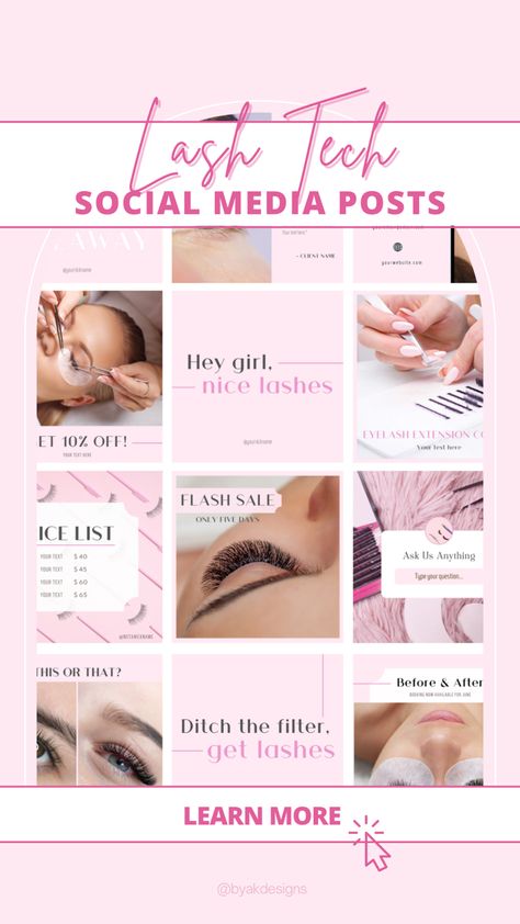 Lash tech Instagram post templates in pink color. Fully editable, insert images, change text, download and post to Insta! Lash Instagram Pages, Lash Tech Instagram Usernames, Lash Tech Highlight Covers, Lash Instagram Theme, Lash Page Aesthetic, Lash Tech Instagram Posts, Pink Beauty Salon, Lash Post, Lash Content