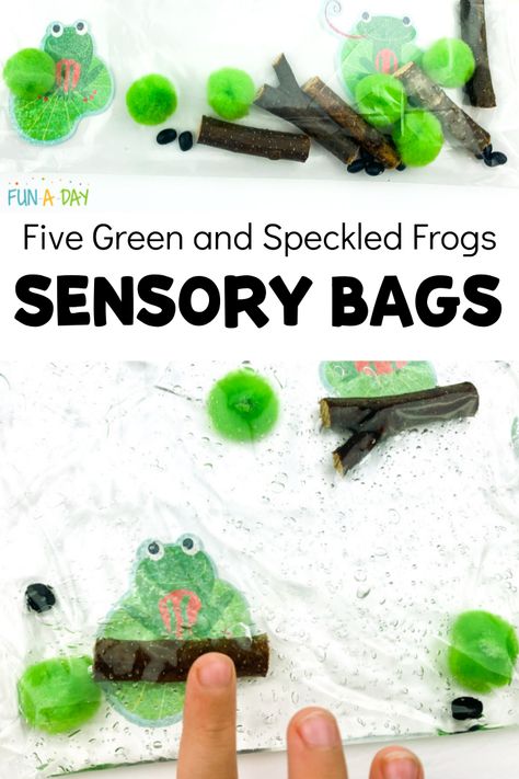 Make a frog sensory bag with the kids during your next pond or frog theme. It's also great as an extension activity for Five Green and Speckled Frogs! Five Speckled Frogs Activities, Pond Science Preschool, 5 Speckled Frogs Activities, 5 Little Speckled Frogs Activities, Five Speckled Frogs, Five Green And Speckled Frogs, 5 Speckled Frogs, Pond Activities, Farm Kindergarten